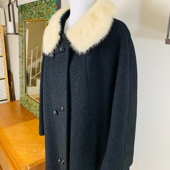Vintage Forstmann Large Wool Coat Real Fur Collar Black Bouclé Double Breasted - Picture 8 of 10